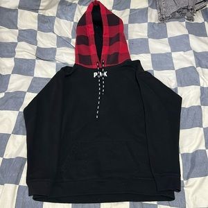Pink hoodie, XS, red and black, puffy hood.